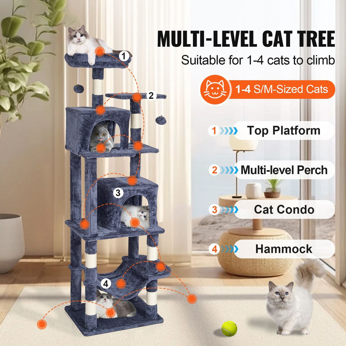 Cat Tree for Indoor Cats, 63" Cat Tower with 2 Cat Condos, Sisal Scratching Post, Hammock, Top Perch, Jumping Platforms, Large Cat Furniture Activity Center with Hang Ball, Dark Grey