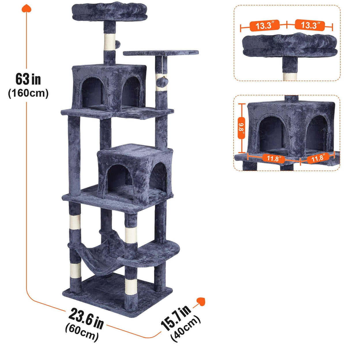 Cat Tree for Indoor Cats, 63" Cat Tower with 2 Cat Condos, Sisal Scratching Post, Hammock, Top Perch, Jumping Platforms, Large Cat Furniture Activity Center with Hang Ball, Dark Grey