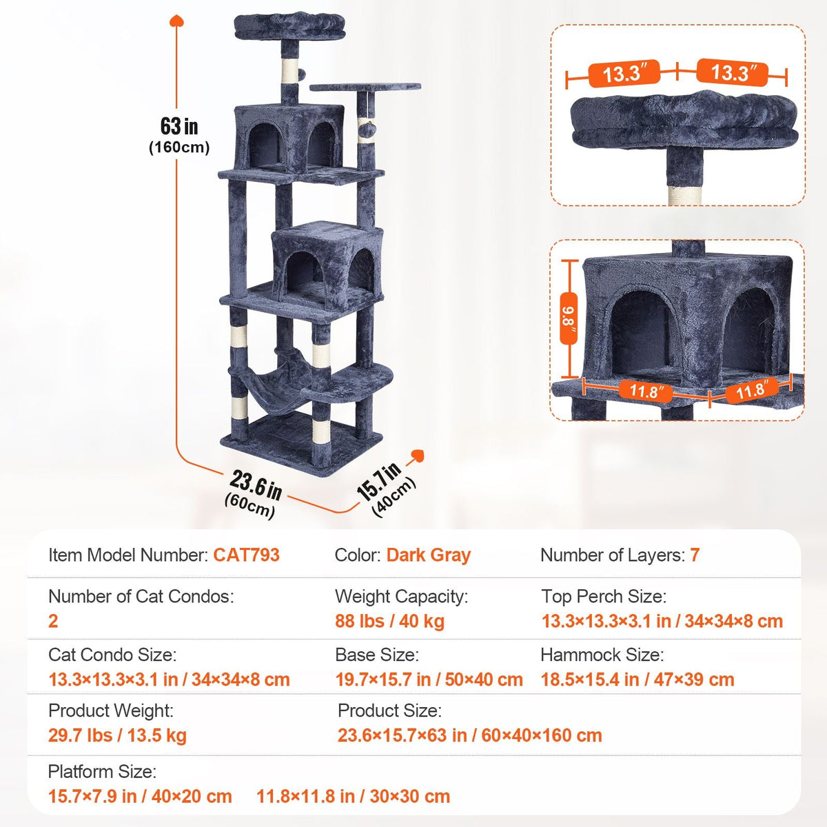 Cat Tree for Indoor Cats, 63" Cat Tower with 2 Cat Condos, Sisal Scratching Post, Hammock, Top Perch, Jumping Platforms, Large Cat Furniture Activity Center with Hang Ball, Dark Grey