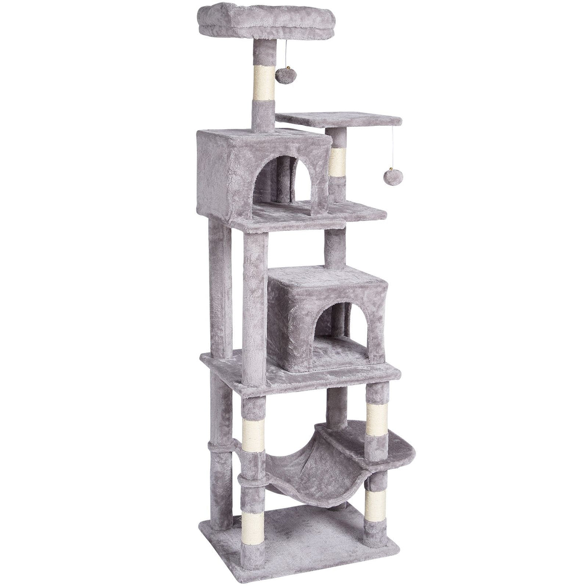 Cat Tree for Indoor Cats, 63" Cat Tower with 2 Cat Condos, Sisal Scratching Post, Hammock, Top Perch, Jumping Platforms, Large Cat Furniture Activity Center with Hang Ball, Light Grey
