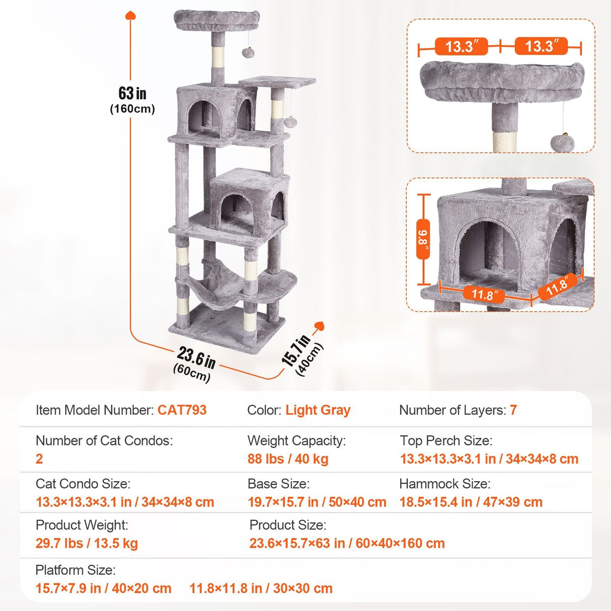 Cat Tree for Indoor Cats, 63" Cat Tower with 2 Cat Condos, Sisal Scratching Post, Hammock, Top Perch, Jumping Platforms, Large Cat Furniture Activity Center with Hang Ball, Light Grey