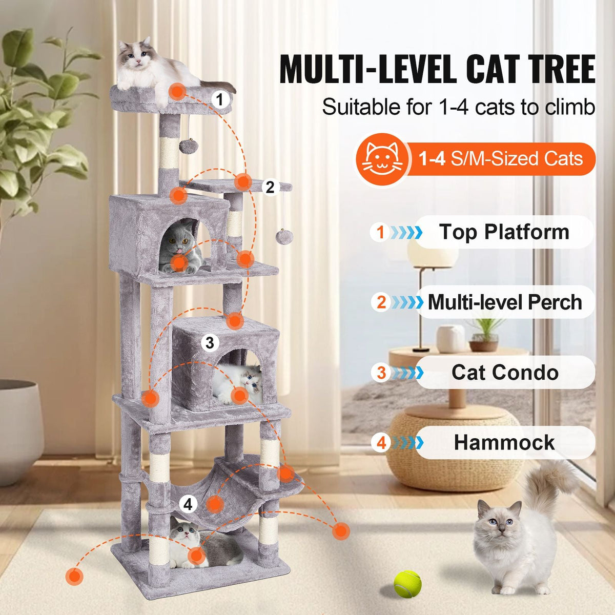 Cat Tree for Indoor Cats, 63" Cat Tower with 2 Cat Condos, Sisal Scratching Post, Hammock, Top Perch, Jumping Platforms, Large Cat Furniture Activity Center with Hang Ball, Light Grey