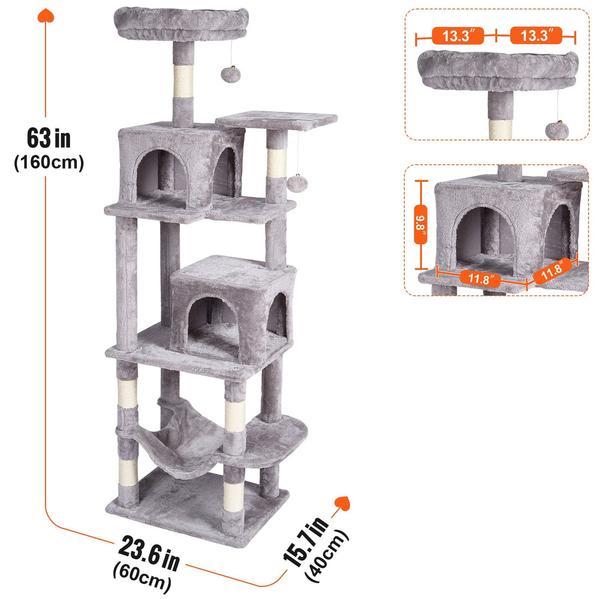 Cat Tree for Indoor Cats, 63" Cat Tower with 2 Cat Condos, Sisal Scratching Post, Hammock, Top Perch, Jumping Platforms, Large Cat Furniture Activity Center with Hang Ball, Light Grey