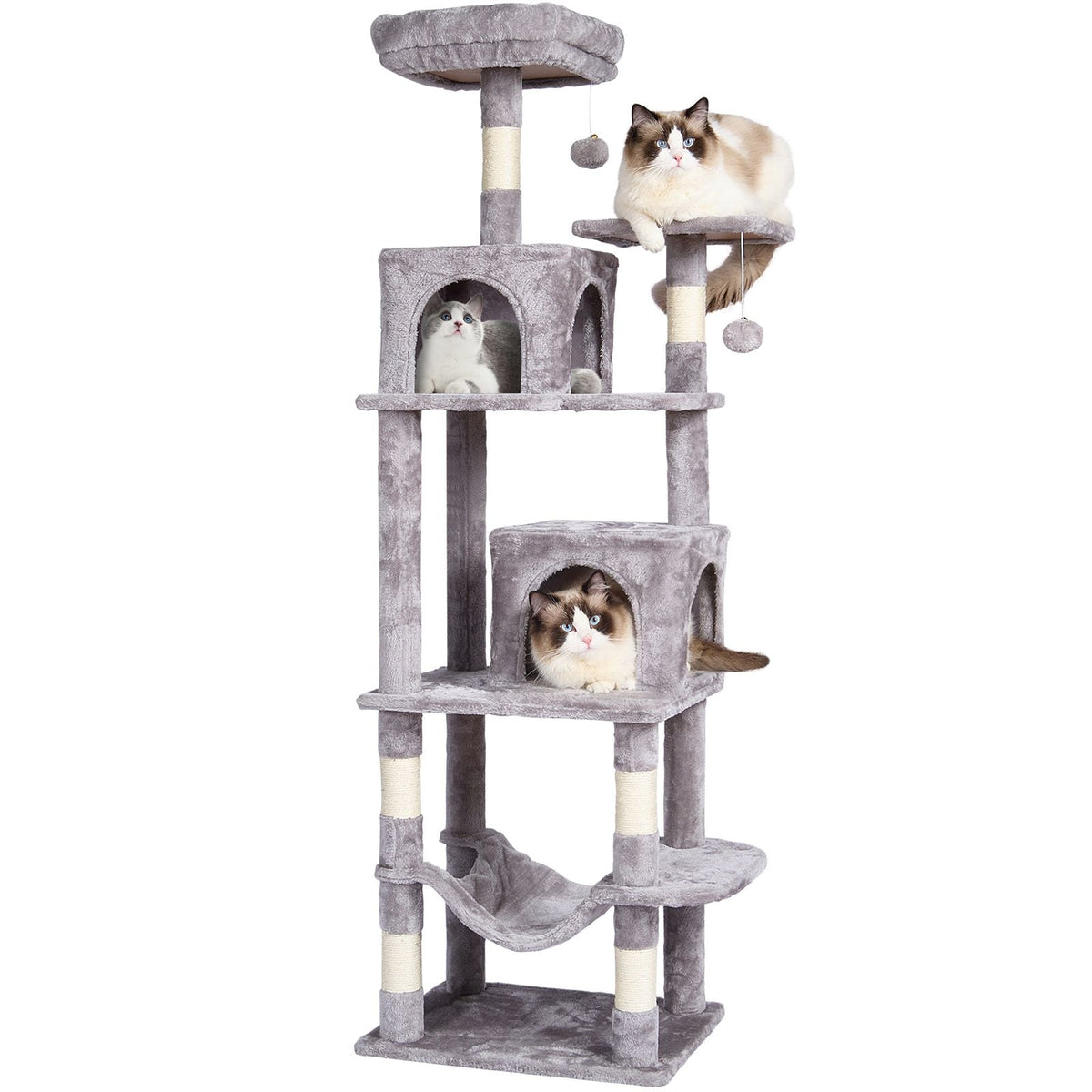 Cat Tree for Indoor Cats, 63" Cat Tower with 2 Cat Condos, Sisal Scratching Post, Hammock, Top Perch, Jumping Platforms, Large Cat Furniture Activity Center with Hang Ball, Light Grey
