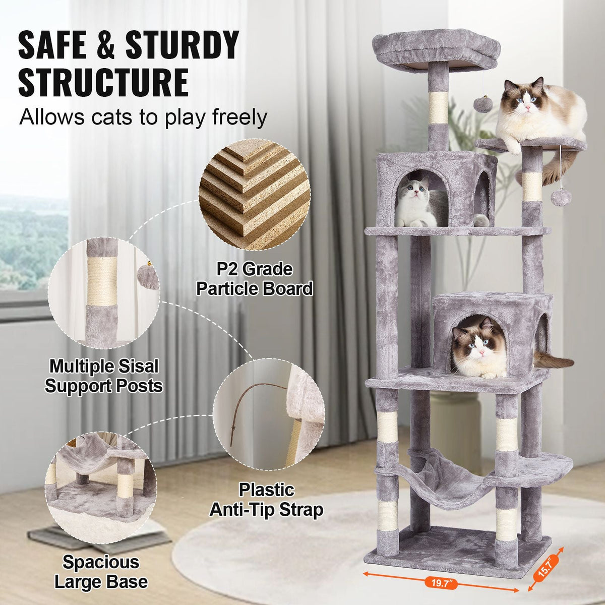 Cat Tree for Indoor Cats, 63" Cat Tower with 2 Cat Condos, Sisal Scratching Post, Hammock, Top Perch, Jumping Platforms, Large Cat Furniture Activity Center with Hang Ball, Light Grey