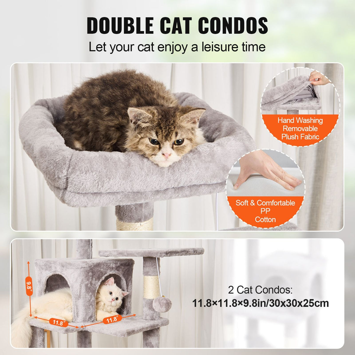 Cat Tree for Indoor Cats, 63" Cat Tower with 2 Cat Condos, Sisal Scratching Post, Hammock, Top Perch, Jumping Platforms, Large Cat Furniture Activity Center with Hang Ball, Light Grey