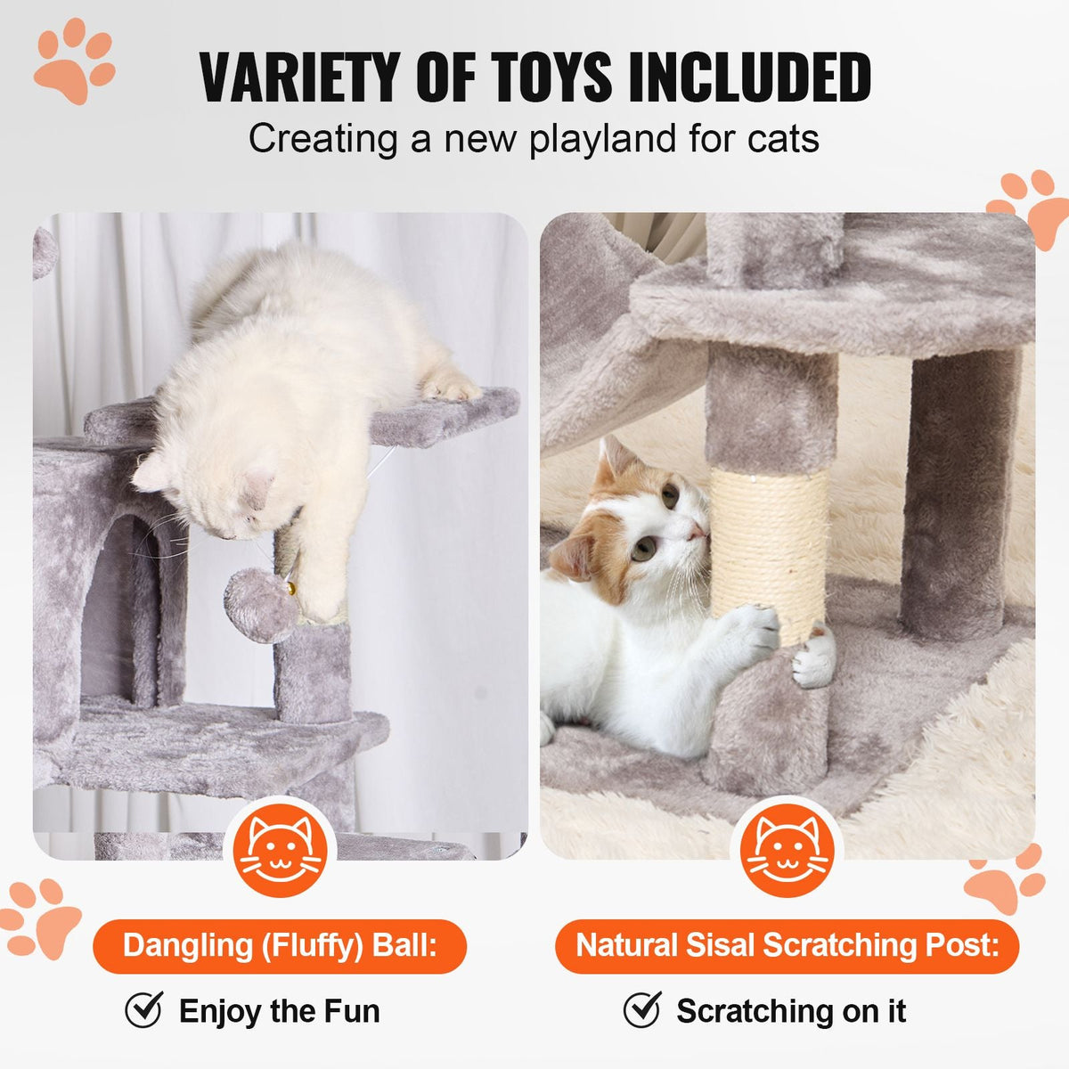 Cat Tree for Indoor Cats, 63" Cat Tower with 2 Cat Condos, Sisal Scratching Post, Hammock, Top Perch, Jumping Platforms, Large Cat Furniture Activity Center with Hang Ball, Light Grey