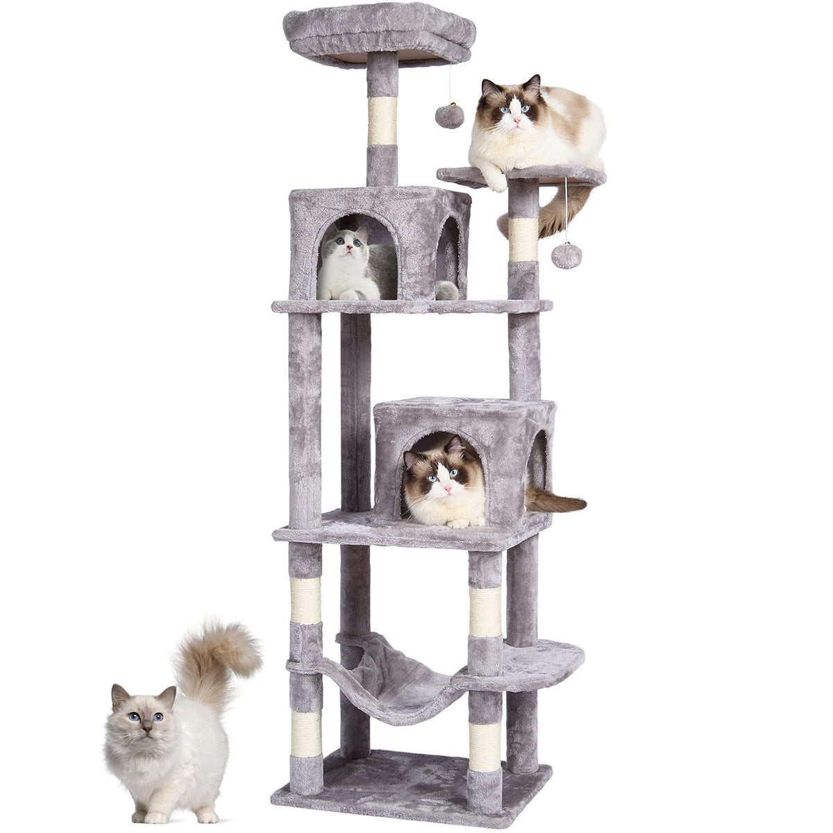 Cat Tree for Indoor Cats, 63" Cat Tower with 2 Cat Condos, Sisal Scratching Post, Hammock, Top Perch, Jumping Platforms, Large Cat Furniture Activity Center with Hang Ball, Light Grey