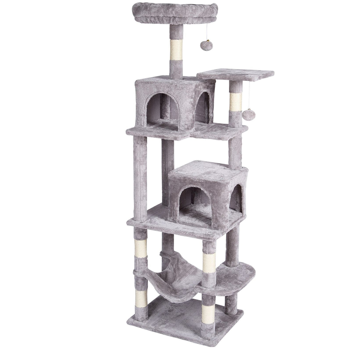 Cat Tree for Indoor Cats, 63" Cat Tower with 2 Cat Condos, Sisal Scratching Post, Hammock, Top Perch, Jumping Platforms, Large Cat Furniture Activity Center with Hang Ball, Light Grey