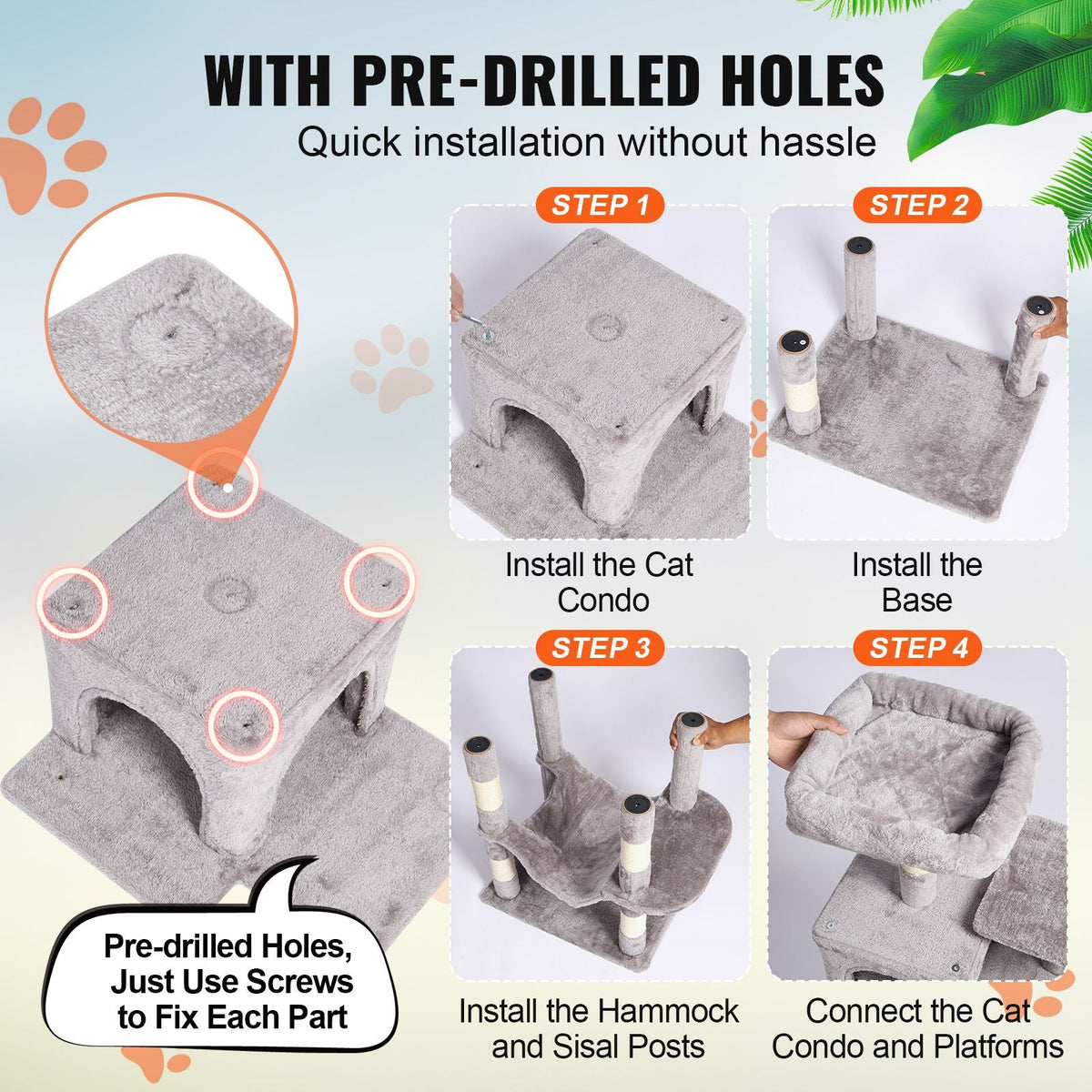 Cat Tree for Indoor Cats, 63" Cat Tower with 2 Cat Condos, Sisal Scratching Post, Hammock, Top Perch, Jumping Platforms, Large Cat Furniture Activity Center with Hang Ball, Light Grey