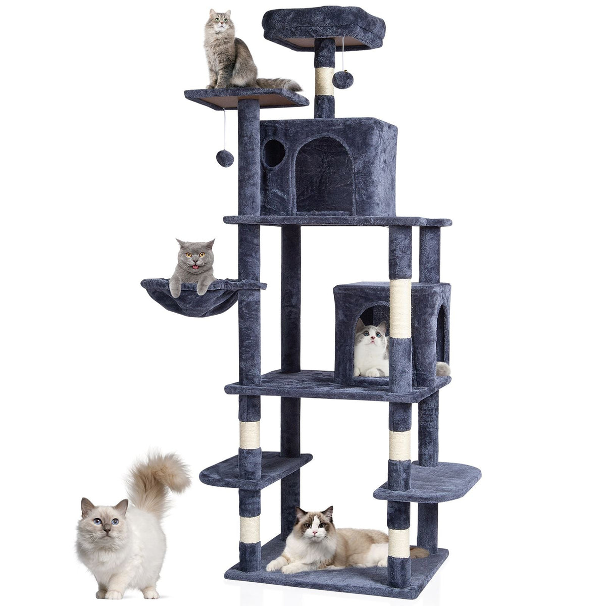 Cat Tree for Indoor Cats, 68.5" Cat Tower with 2 Cat Condos, Sisal Scratching Post, Hammock, Top Perch, Jumping Platforms, Large Cat Furniture Activity Center with Hang Ball, Dark Grey