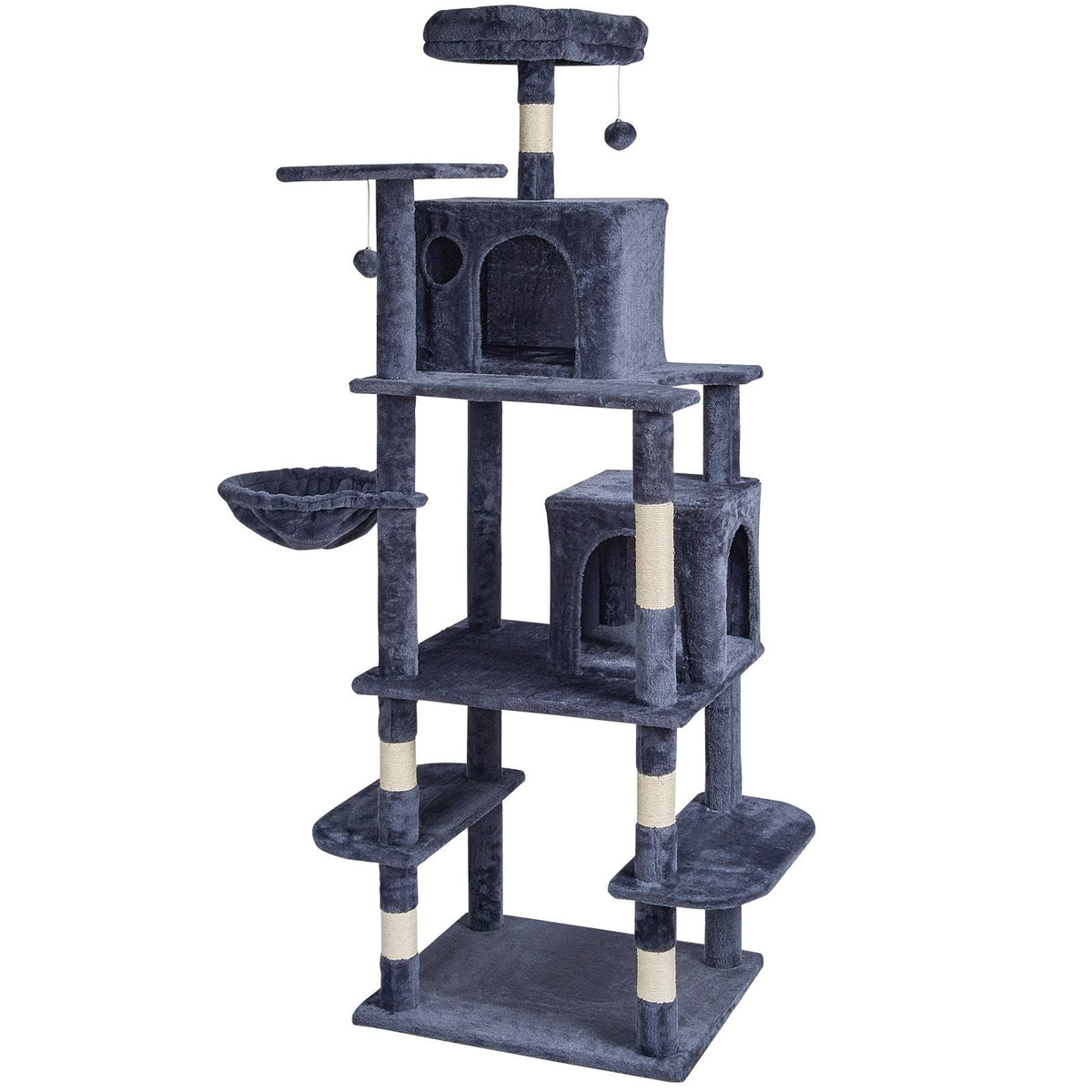 Cat Tree for Indoor Cats, 68.5" Cat Tower with 2 Cat Condos, Sisal Scratching Post, Hammock, Top Perch, Jumping Platforms, Large Cat Furniture Activity Center with Hang Ball, Dark Grey