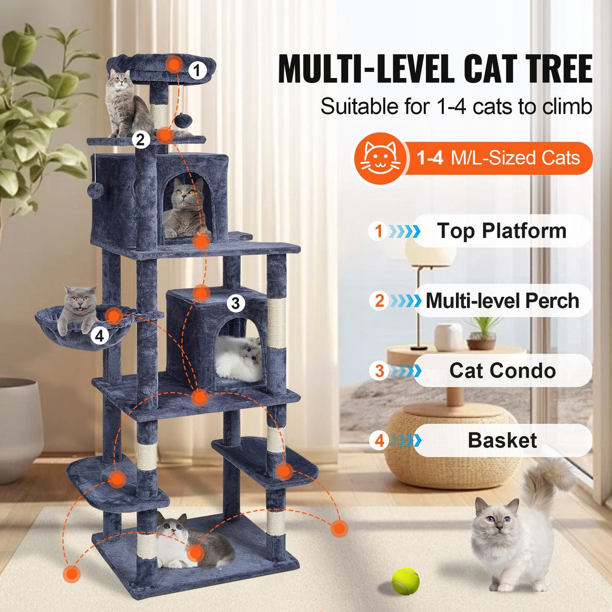 Cat Tree for Indoor Cats, 68.5" Cat Tower with 2 Cat Condos, Sisal Scratching Post, Hammock, Top Perch, Jumping Platforms, Large Cat Furniture Activity Center with Hang Ball, Dark Grey