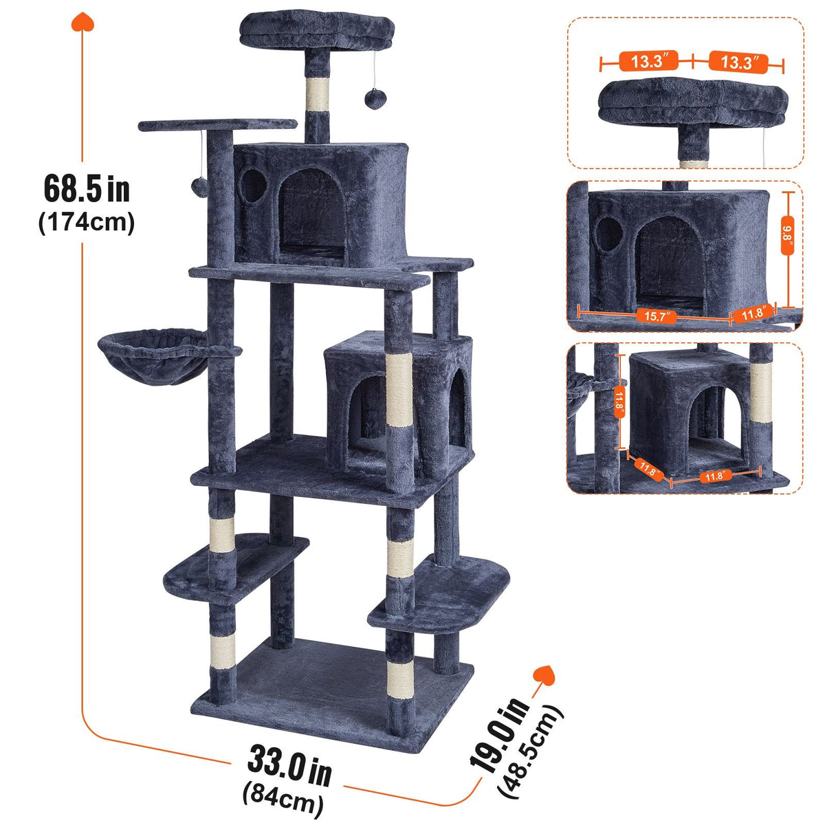 Cat Tree for Indoor Cats, 68.5" Cat Tower with 2 Cat Condos, Sisal Scratching Post, Hammock, Top Perch, Jumping Platforms, Large Cat Furniture Activity Center with Hang Ball, Dark Grey