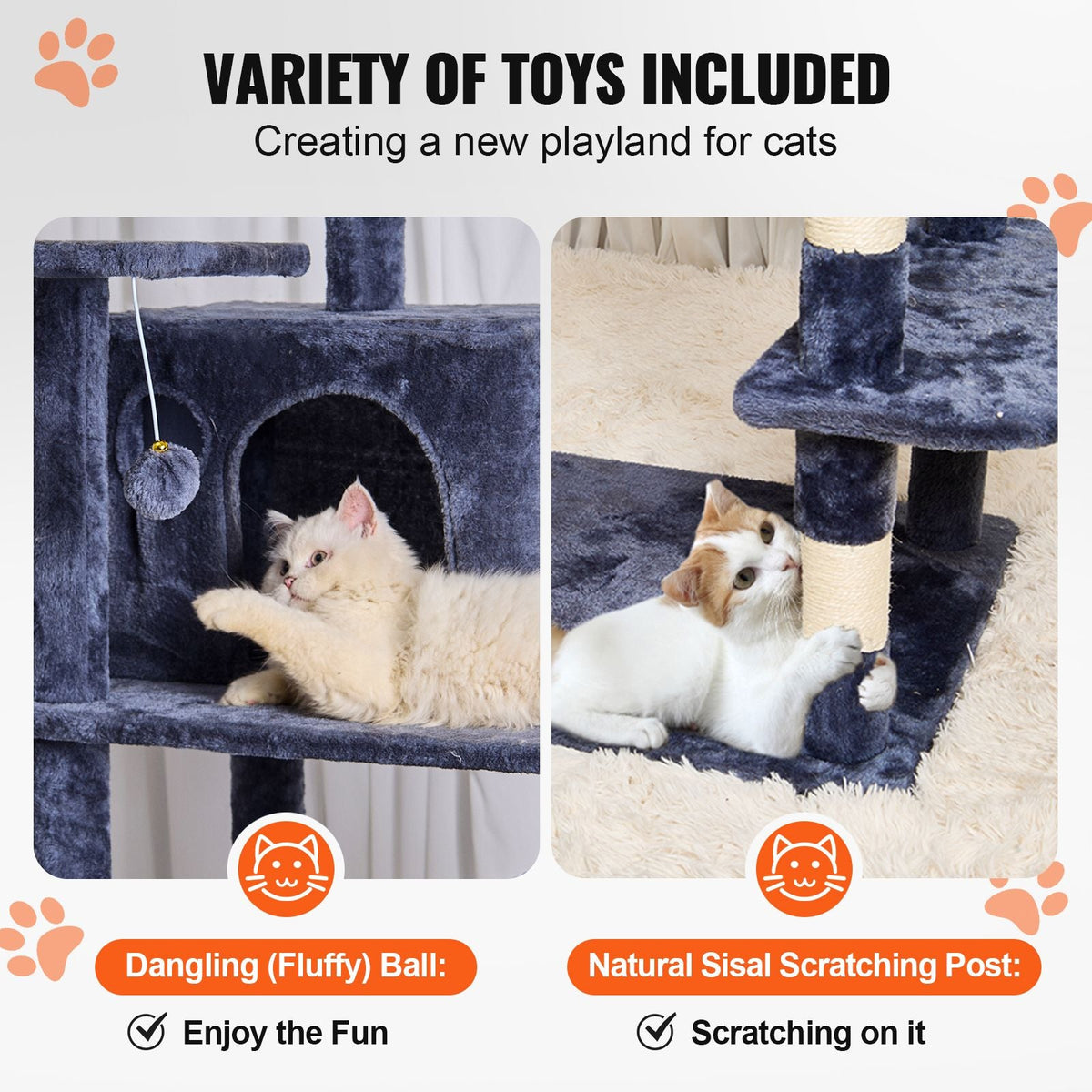 Cat Tree for Indoor Cats, 68.5" Cat Tower with 2 Cat Condos, Sisal Scratching Post, Hammock, Top Perch, Jumping Platforms, Large Cat Furniture Activity Center with Hang Ball, Dark Grey