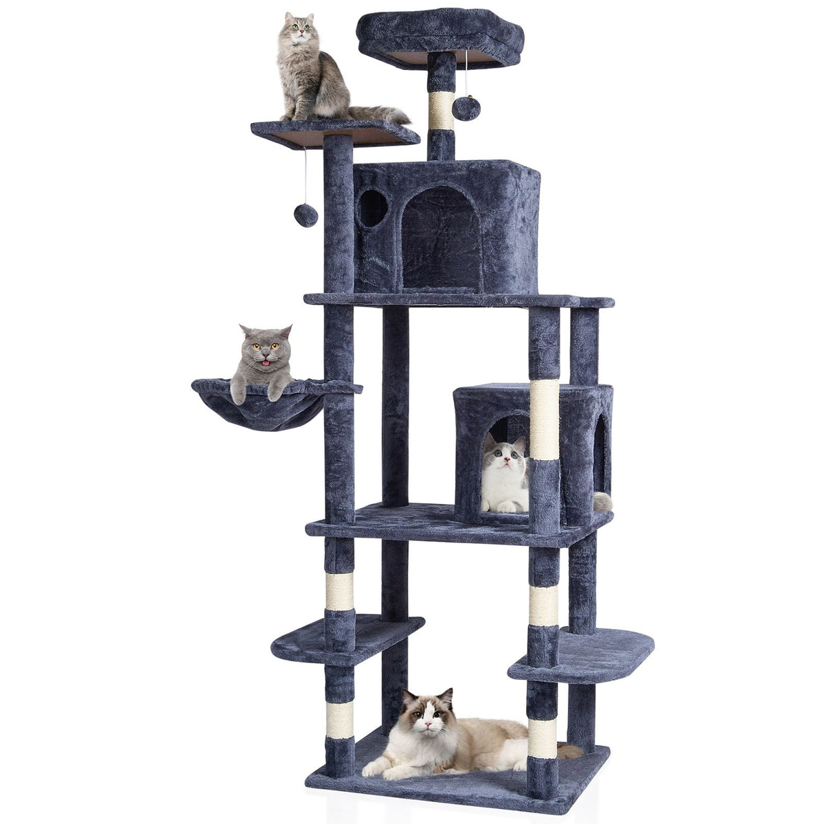 Cat Tree for Indoor Cats, 68.5" Cat Tower with 2 Cat Condos, Sisal Scratching Post, Hammock, Top Perch, Jumping Platforms, Large Cat Furniture Activity Center with Hang Ball, Dark Grey