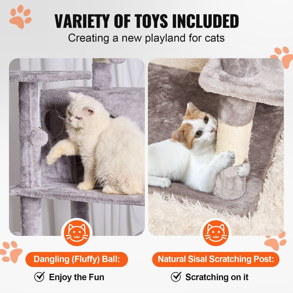 Cat Tree for Indoor Cats, 68.5" Cat Tower with 2 Cat Condos, Sisal Scratching Post, Hammock, Top Perch, Jumping Platforms, Large Cat Furniture Activity Center with Hang Ball, Light Grey