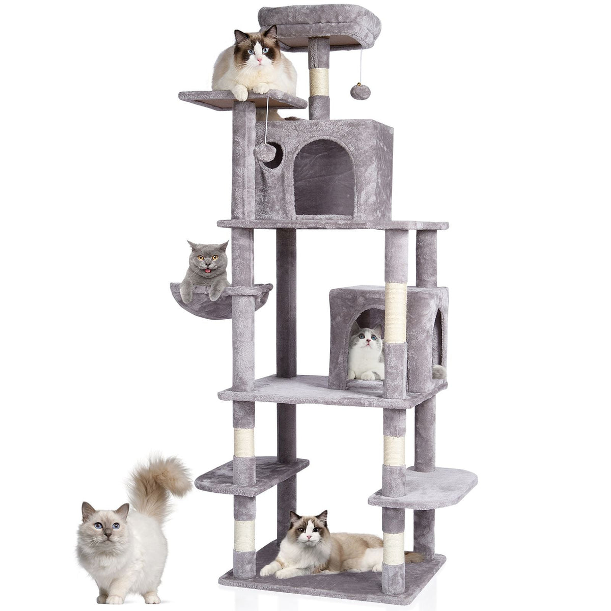 Cat Tree for Indoor Cats, 68.5" Cat Tower with 2 Cat Condos, Sisal Scratching Post, Hammock, Top Perch, Jumping Platforms, Large Cat Furniture Activity Center with Hang Ball, Light Grey