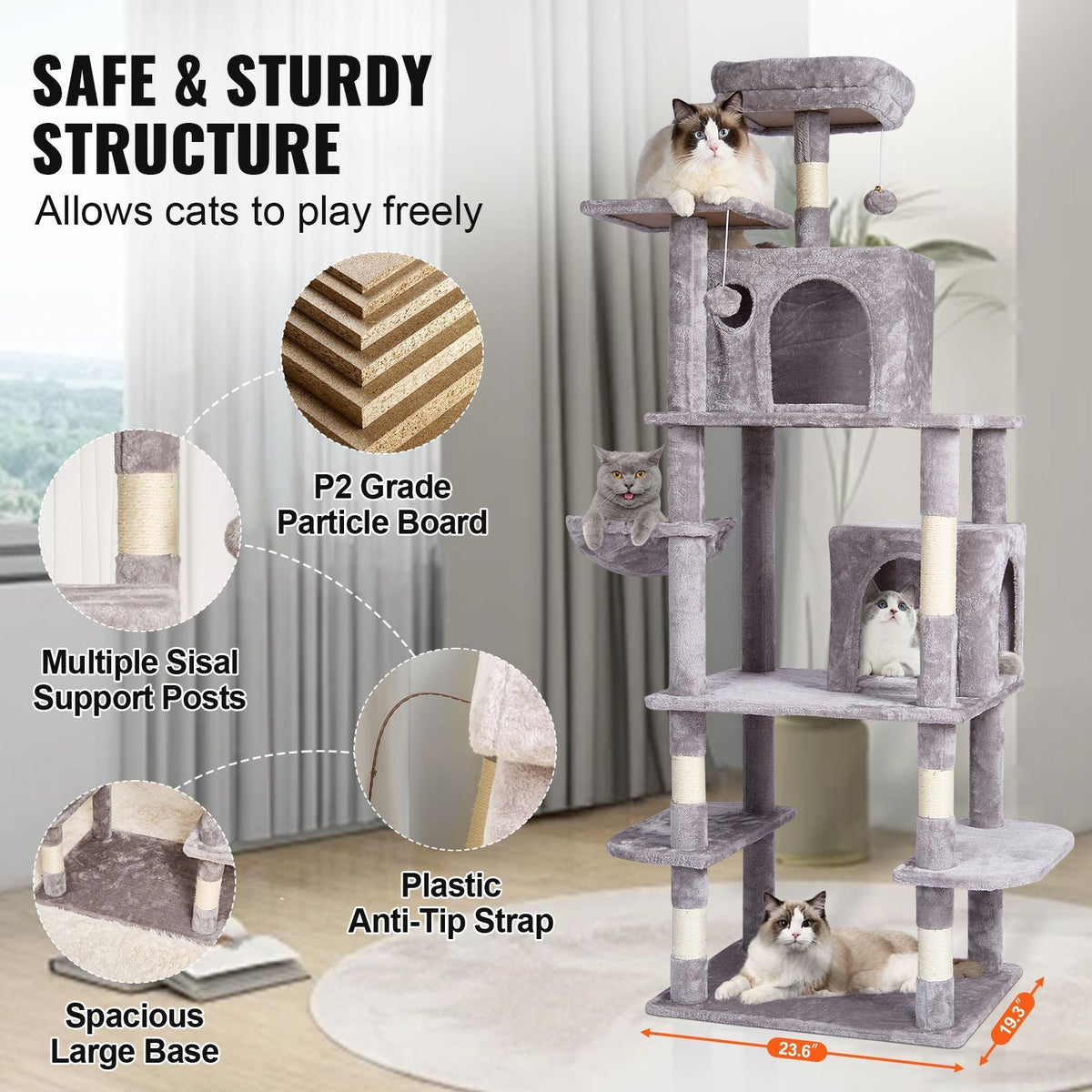 Cat Tree for Indoor Cats, 68.5" Cat Tower with 2 Cat Condos, Sisal Scratching Post, Hammock, Top Perch, Jumping Platforms, Large Cat Furniture Activity Center with Hang Ball, Light Grey
