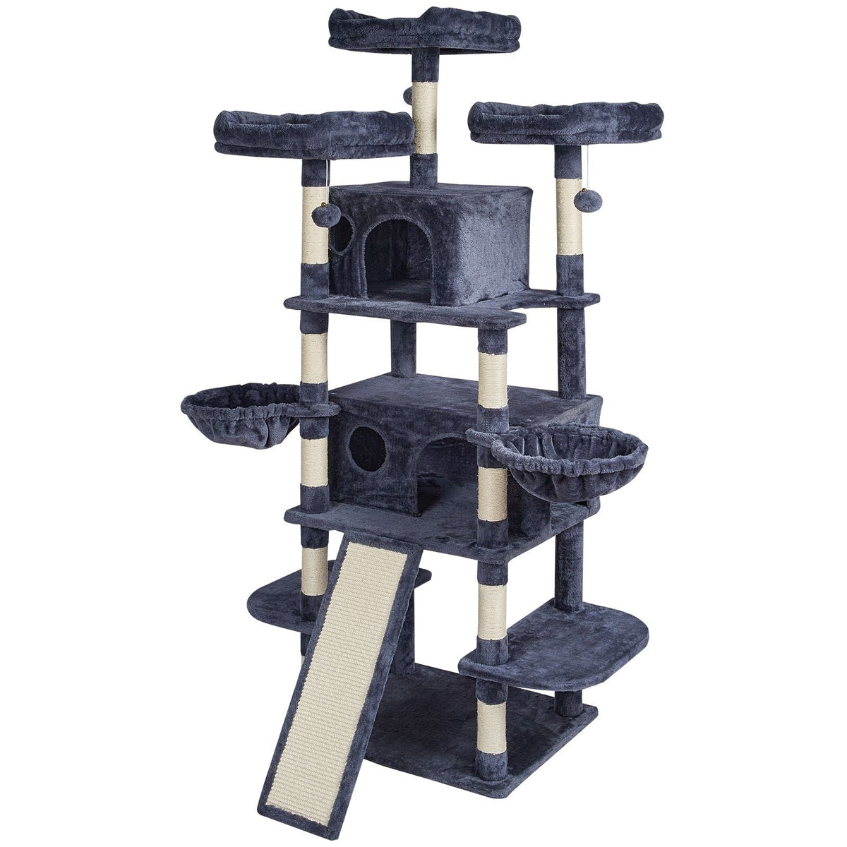 Cat Tree for Indoor Cats, 68.5" Cat Tower with 2 Cat Condos, Sisal Scratching Post, Hammocks, Top Perches, Jumping Platforms and Ramp, Cat Furniture Activity Center with Hang Balls, Dark Grey