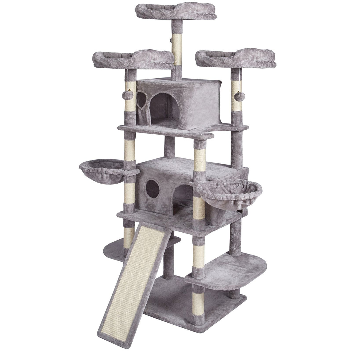 Cat Tree for Indoor Cats, 68.5" Cat Tower with 2 Cat Condos, Sisal Scratching Post, Hammocks, Top Perches, Jumping Platforms and Ramp, Cat Furniture Activity Center with Hang Balls, Light Grey