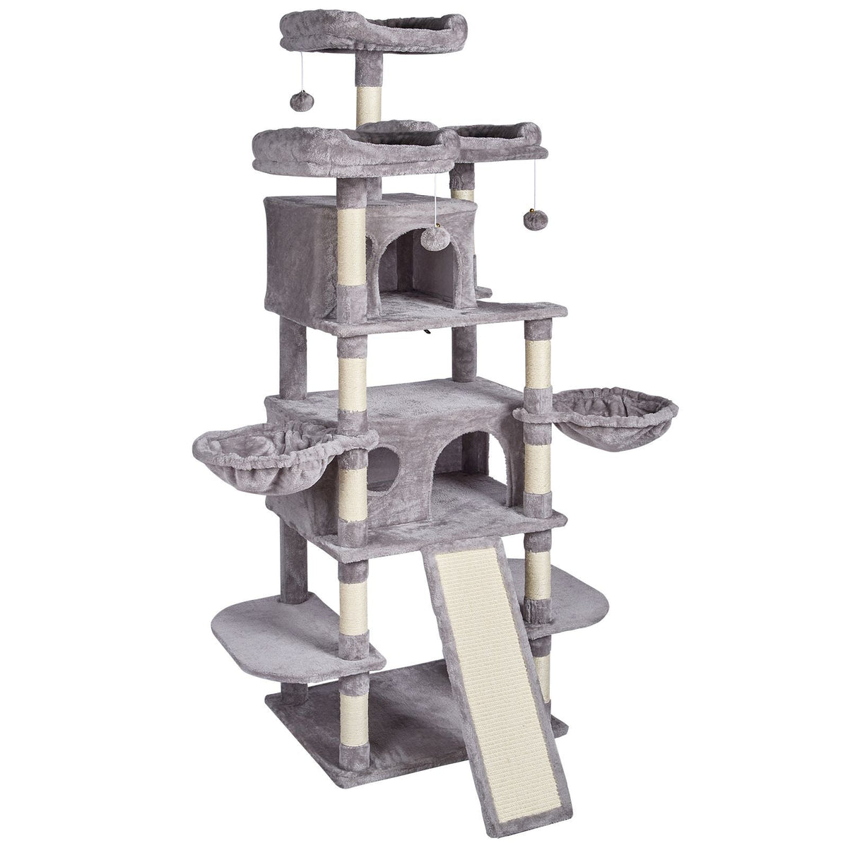 Cat Tree for Indoor Cats, 68.5" Cat Tower with 2 Cat Condos, Sisal Scratching Post, Hammocks, Top Perches, Jumping Platforms and Ramp, Cat Furniture Activity Center with Hang Balls, Light Grey