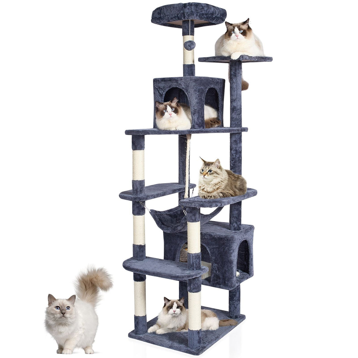 Cat Tree for Indoor Cats, 72" Cat Tower with 2 Cat Condos, Sisal Scratching Post, Hammock, Top Perch, Jumping Platforms, Large Cat Furniture Activity Center with Hang Ball, Dark Grey