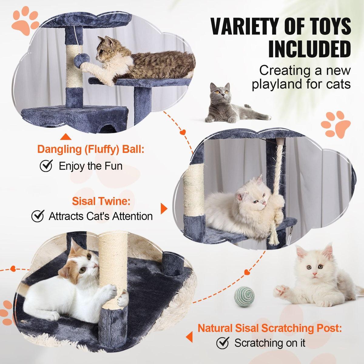Cat Tree for Indoor Cats, 72" Cat Tower with 2 Cat Condos, Sisal Scratching Post, Hammock, Top Perch, Jumping Platforms, Large Cat Furniture Activity Center with Hang Ball, Dark Grey
