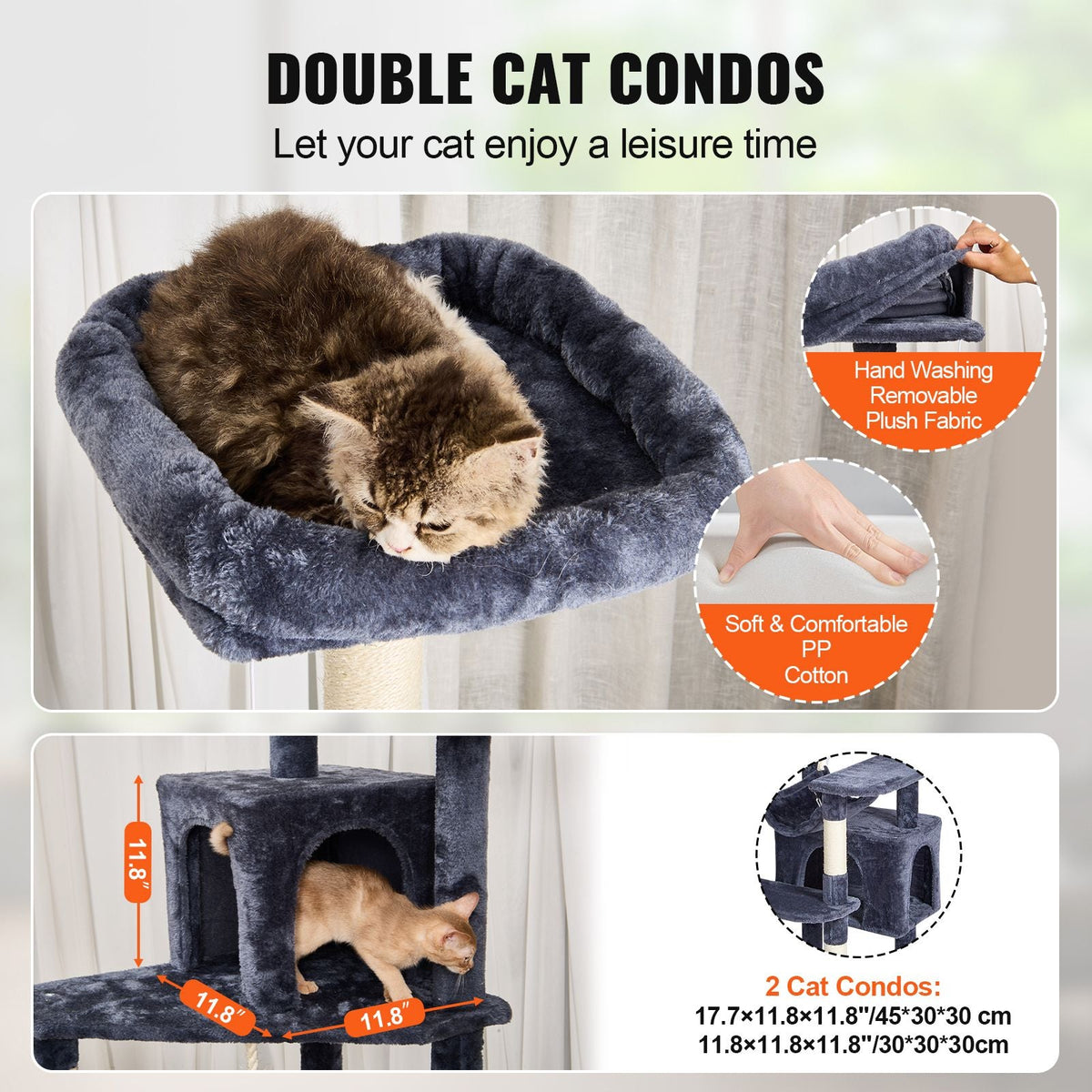 Cat Tree for Indoor Cats, 72" Cat Tower with 2 Cat Condos, Sisal Scratching Post, Hammock, Top Perch, Jumping Platforms, Large Cat Furniture Activity Center with Hang Ball, Dark Grey