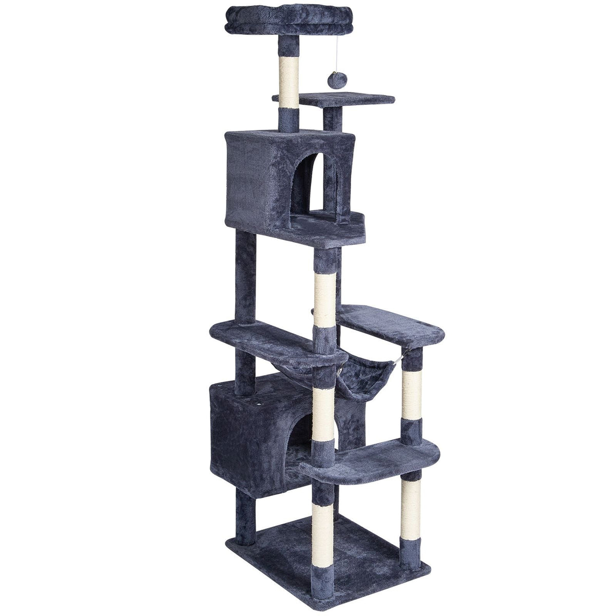 Cat Tree for Indoor Cats, 72" Cat Tower with 2 Cat Condos, Sisal Scratching Post, Hammock, Top Perch, Jumping Platforms, Large Cat Furniture Activity Center with Hang Ball, Dark Grey