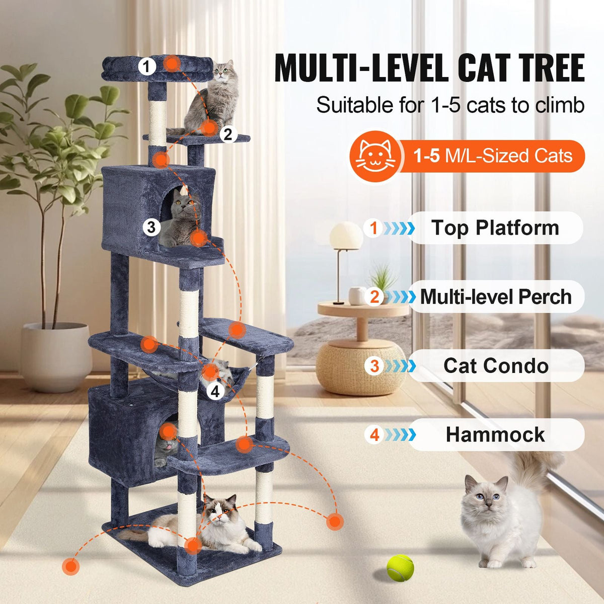 Cat Tree for Indoor Cats, 72" Cat Tower with 2 Cat Condos, Sisal Scratching Post, Hammock, Top Perch, Jumping Platforms, Large Cat Furniture Activity Center with Hang Ball, Dark Grey