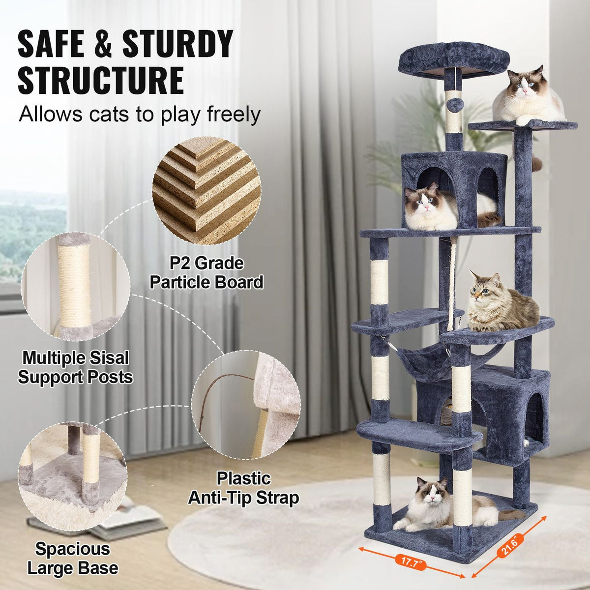 Cat Tree for Indoor Cats, 72" Cat Tower with 2 Cat Condos, Sisal Scratching Post, Hammock, Top Perch, Jumping Platforms, Large Cat Furniture Activity Center with Hang Ball, Dark Grey