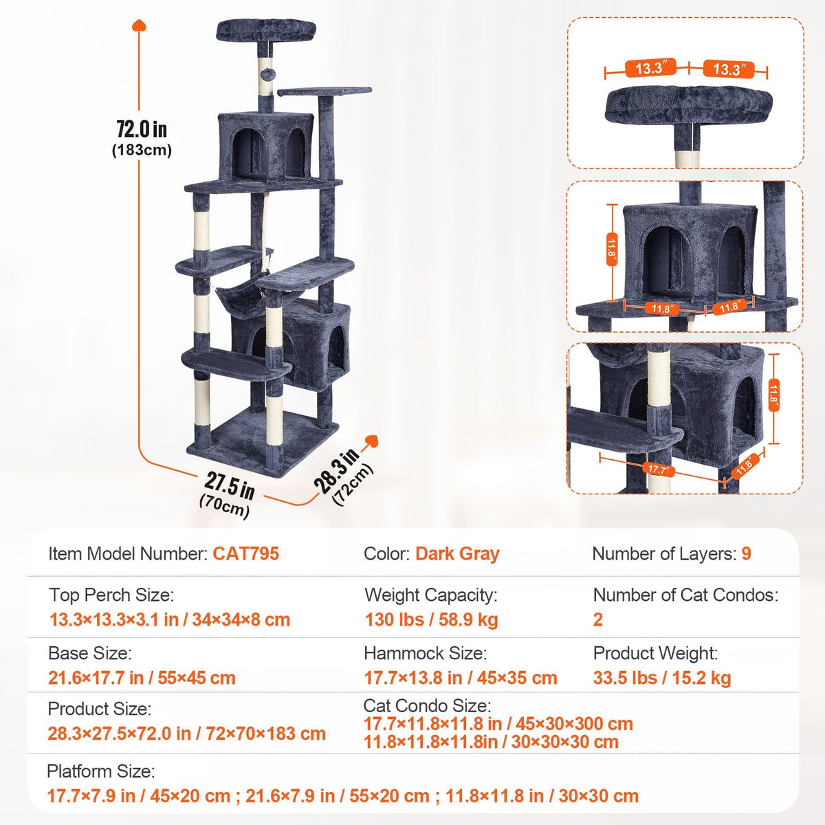 Cat Tree for Indoor Cats, 72" Cat Tower with 2 Cat Condos, Sisal Scratching Post, Hammock, Top Perch, Jumping Platforms, Large Cat Furniture Activity Center with Hang Ball, Dark Grey