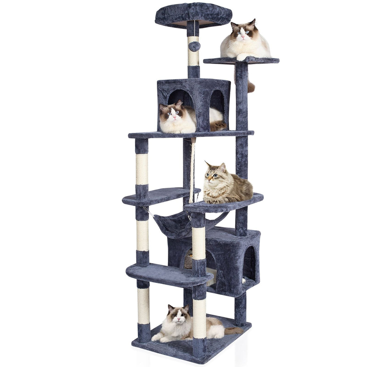 Cat Tree for Indoor Cats, 72" Cat Tower with 2 Cat Condos, Sisal Scratching Post, Hammock, Top Perch, Jumping Platforms, Large Cat Furniture Activity Center with Hang Ball, Dark Grey