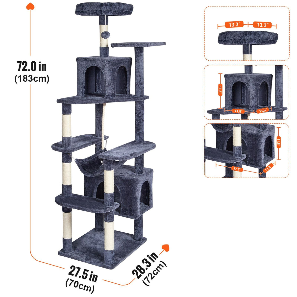 Cat Tree for Indoor Cats, 72" Cat Tower with 2 Cat Condos, Sisal Scratching Post, Hammock, Top Perch, Jumping Platforms, Large Cat Furniture Activity Center with Hang Ball, Dark Grey