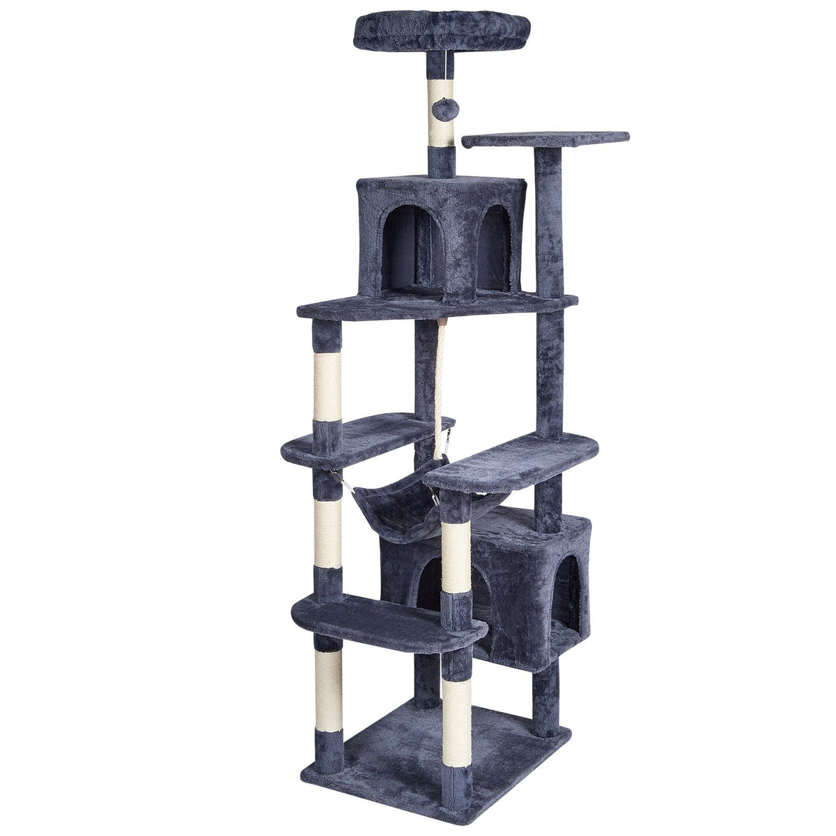 Cat Tree for Indoor Cats, 72" Cat Tower with 2 Cat Condos, Sisal Scratching Post, Hammock, Top Perch, Jumping Platforms, Large Cat Furniture Activity Center with Hang Ball, Dark Grey