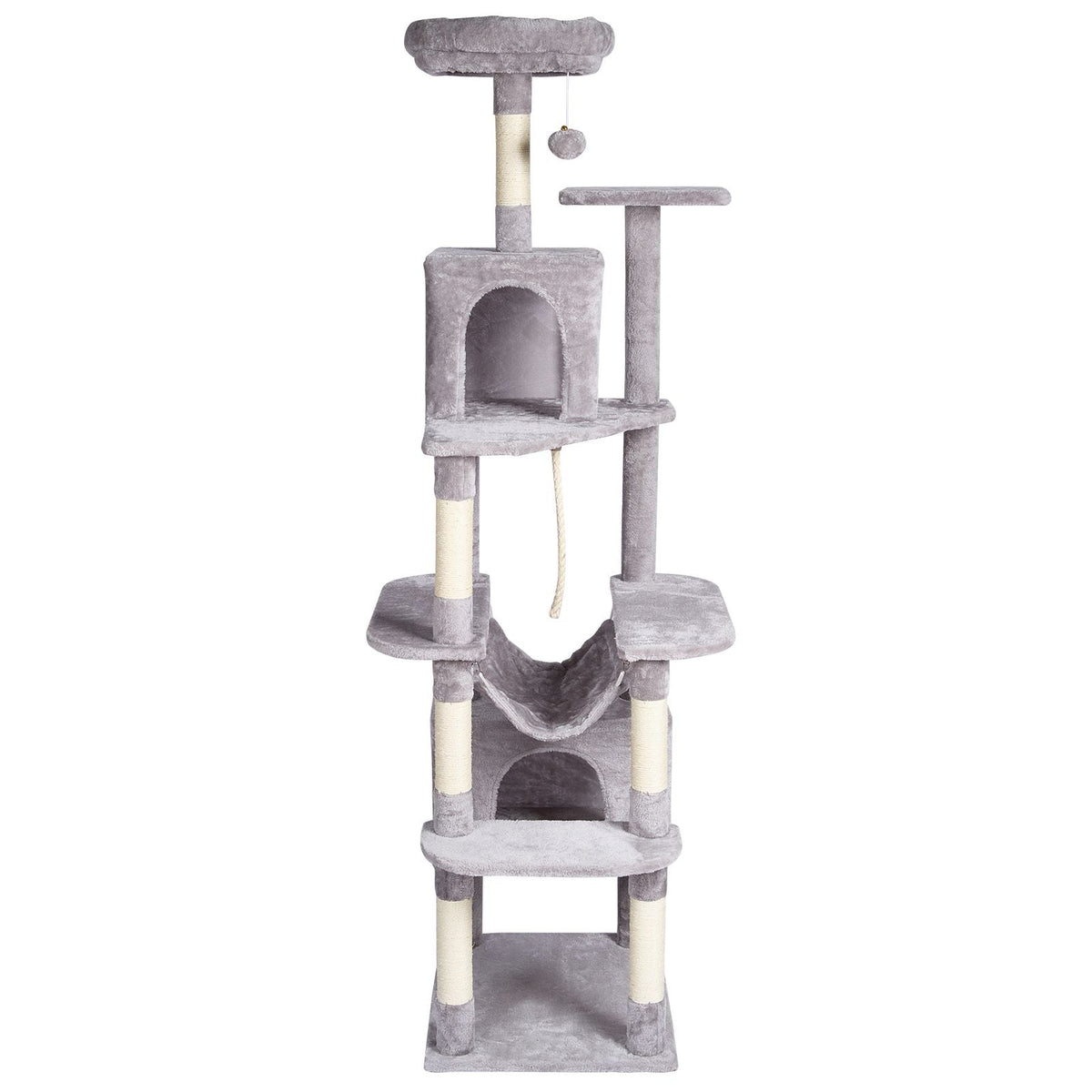 Cat Tree for Indoor Cats, 72" Cat Tower with 2 Cat Condos, Sisal Scratching Post, Hammock, Top Perch, Jumping Platforms, Large Cat Furniture Activity Center with Hang Ball, Light Grey