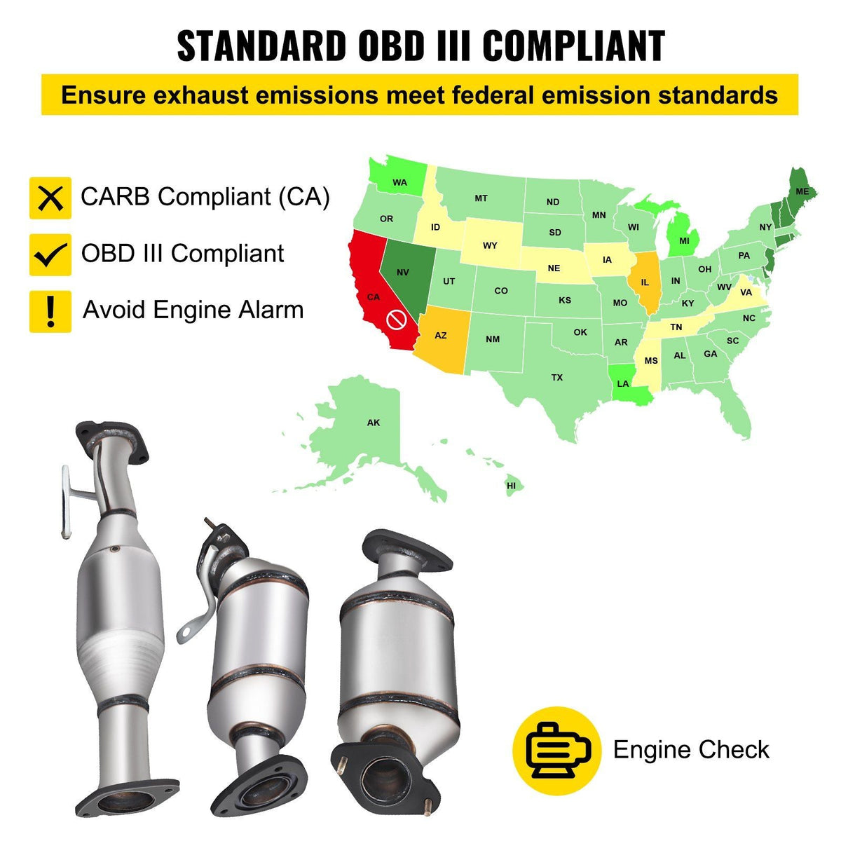 Catalytic Converter, 3 Pcs Exhaust Pipe Stainless Steel High Flow Cat, for Chevrolet Traverse 09-17 3.6L V6/Buick Enclave 07-10/GMC Acadia 07-17/Saturn Outlook 3.6L 07-10 (EPA Compliant)
