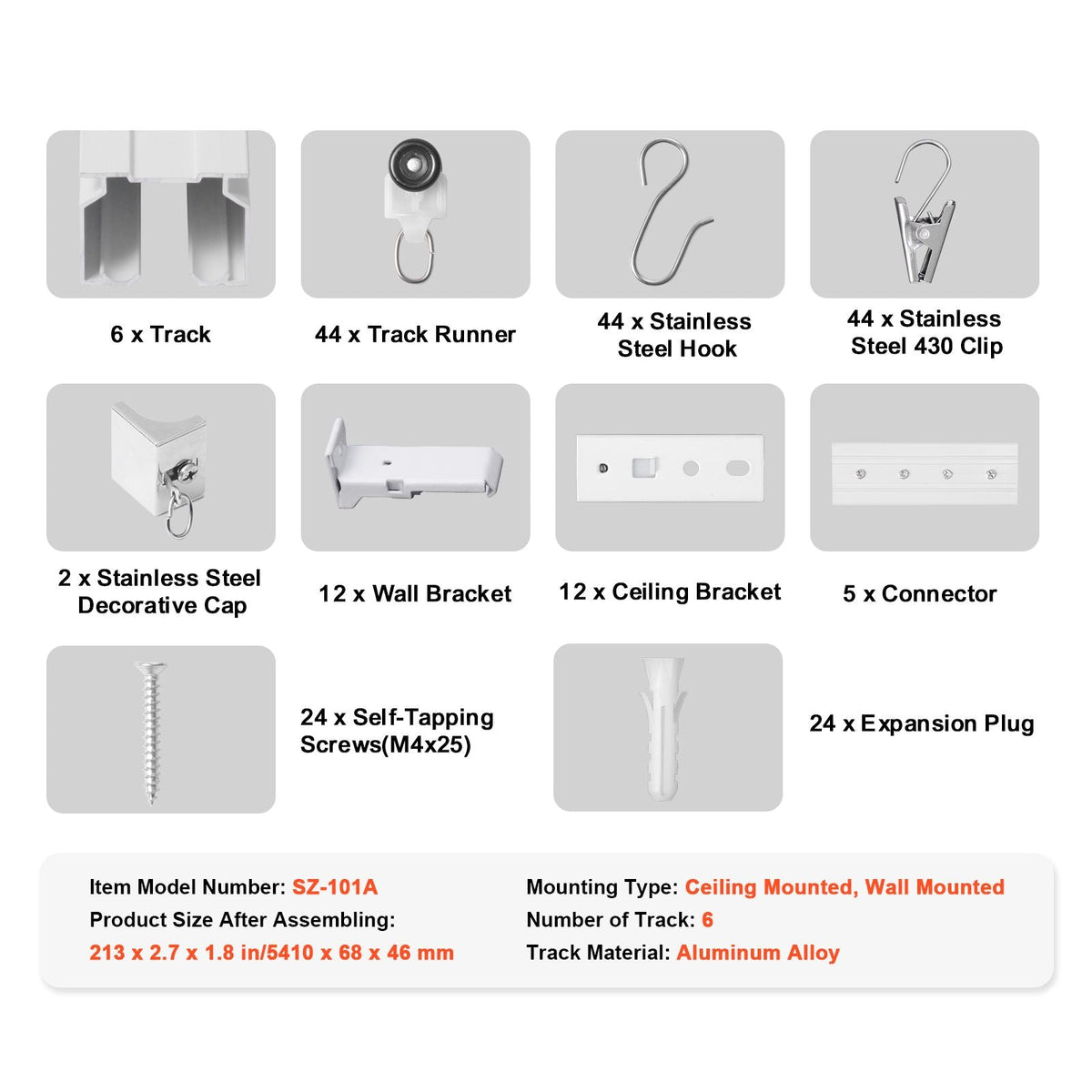 Ceiling Curtain Track Set, 17.7 FT/5.4 Meter, Sliding Ceiling Track System for Curtains, Room Divider Curtain Track Ceiling/Wall Mounted for Living Room Bedroom with Hooks and Hardware, White