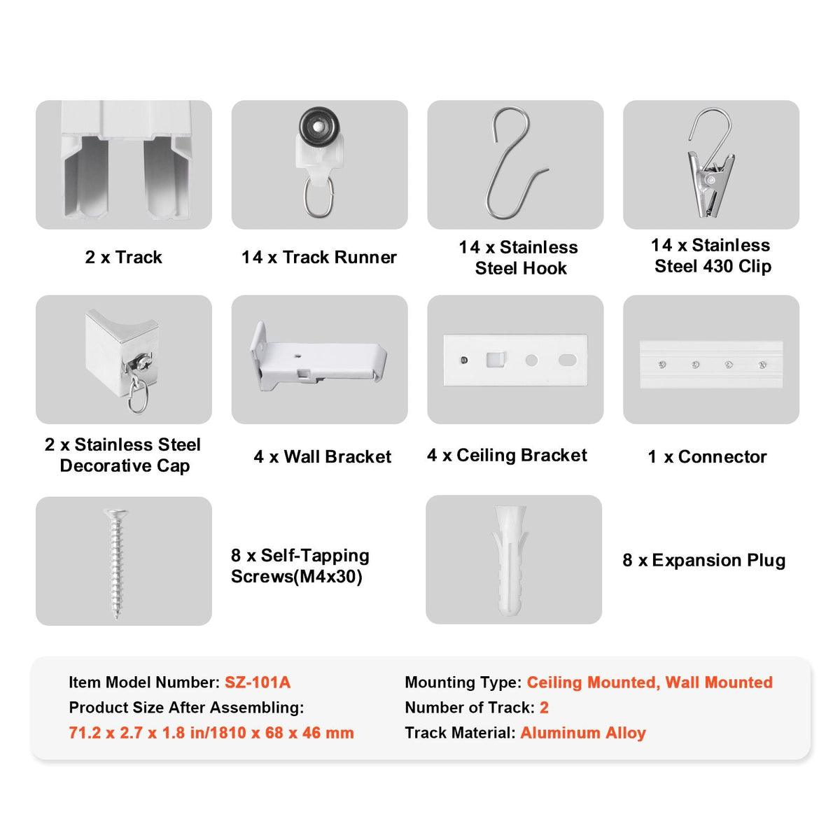 Ceiling Curtain Track Set, 5.9 FT/1.8 Meter, Sliding Ceiling Track System for Curtains, Room Divider Curtain Track Ceiling/Wall Mounted for Living Room Bedroom with Hooks and Hardware, White