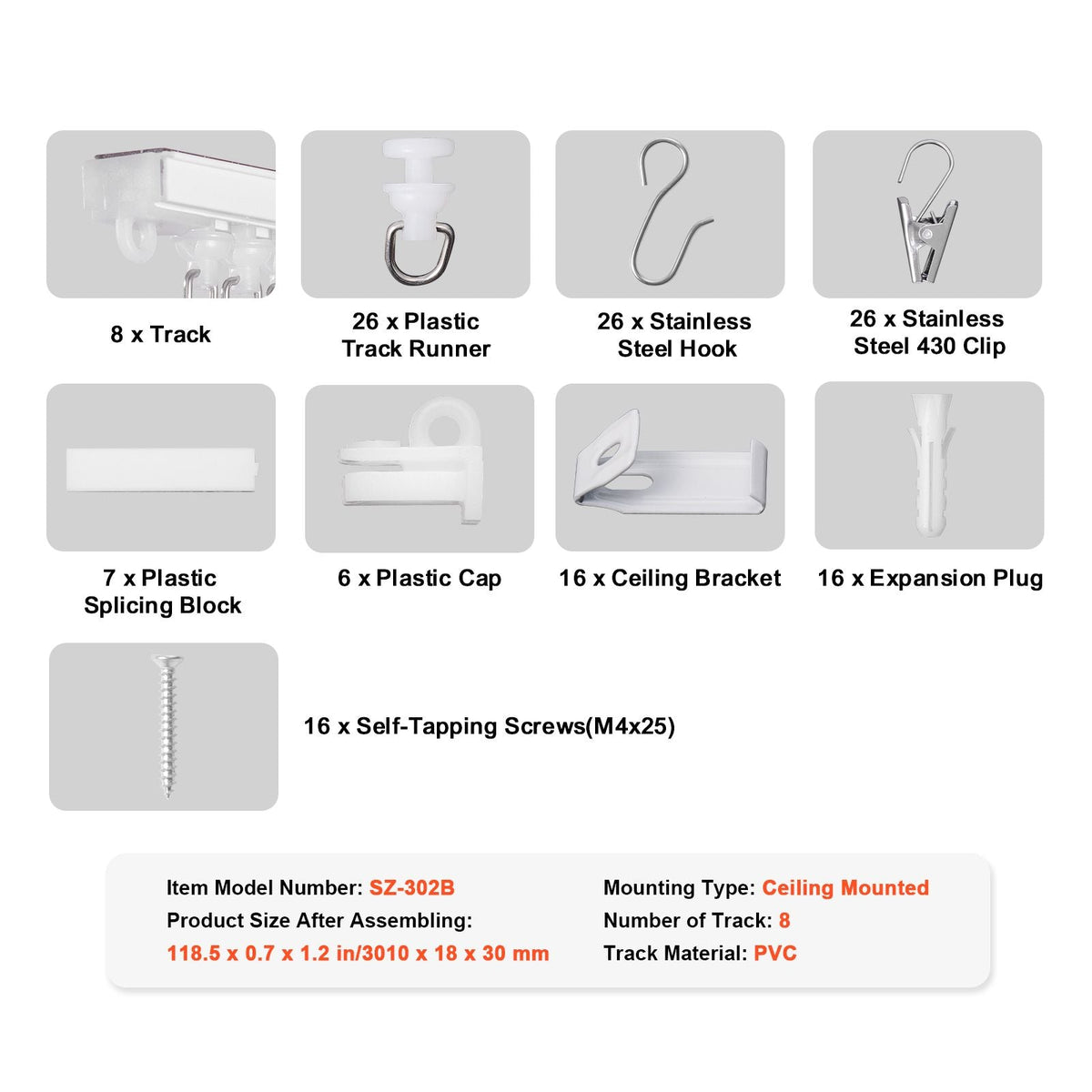 Ceiling Curtain Track Set, 9.9 FT/3 Meter, Self Adhesive, No Drill Ceiling Track System for Curtains, Room Divider Curtain Track Ceiling Mounted for Living Room with Hooks and Hardware, White
