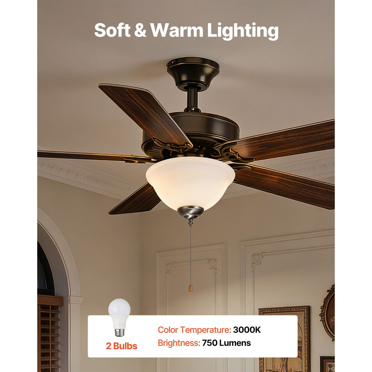 Ceiling Fan Light Kit, 750lm 3000K Bowl Shaped Fan Light Kit with Pull Chain, 2 LED Bulbs, Replacement Fixture for Living Room, Dining Room, Bedroom, Indoor, White Glass Shade Brushed Nickel
