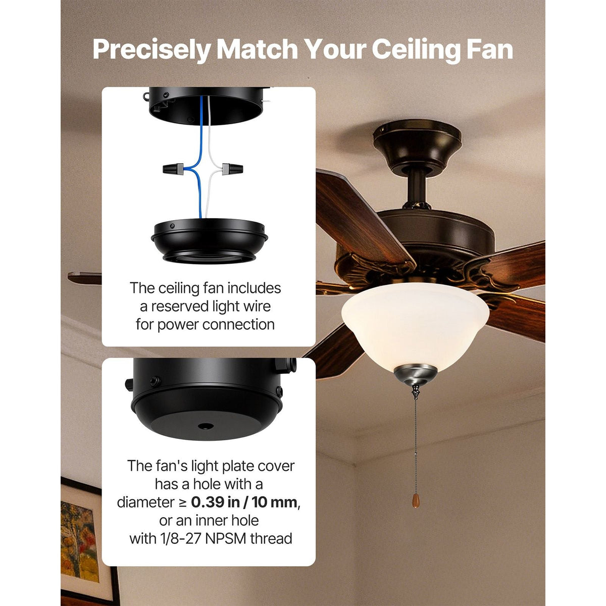 Ceiling Fan Light Kit, 750lm 3000K Bowl Shaped Fan Light Kit with Pull Chain, 2 LED Bulbs, Replacement Fixture for Living Room, Dining Room, Bedroom, Indoor, White Glass Shade Brushed Nickel
