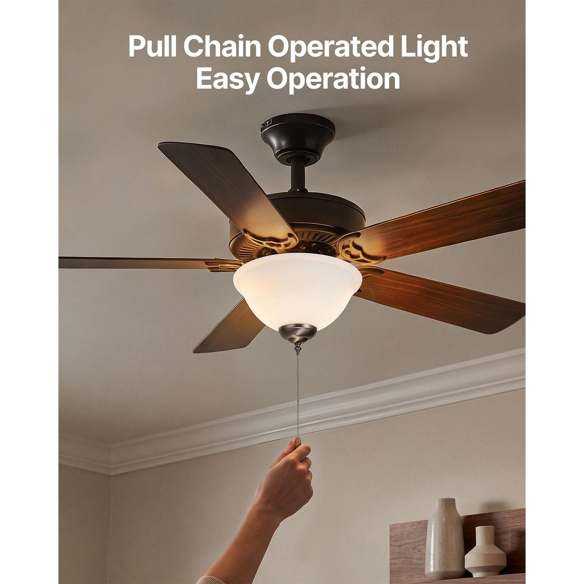 Ceiling Fan Light Kit, 750lm 3000K Bowl Shaped Fan Light Kit with Pull Chain, 2 LED Bulbs, Replacement Fixture for Living Room, Dining Room, Bedroom, Indoor, White Glass Shade Brushed Nickel