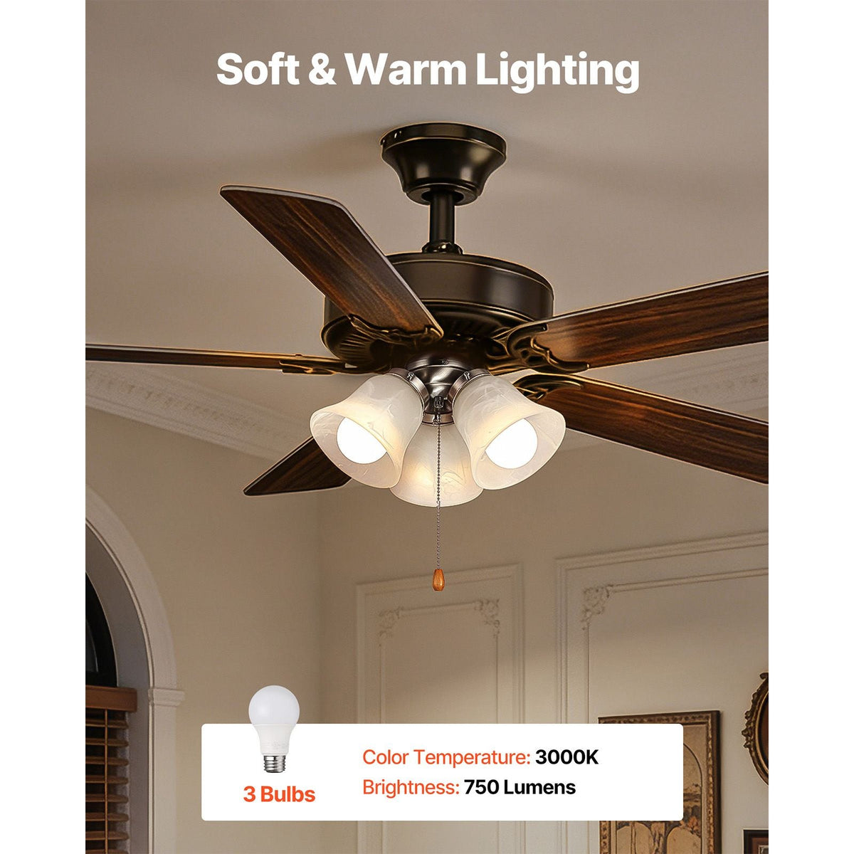 Ceiling Fan Light Kit, Three-Light 3000K 750lm Fan Light Kit with Pull Chain, Replacement Fixture for Living Room, Bedroom, Dining Room, Home Decor, Cloud White Glass & Brushed Nickel Finish