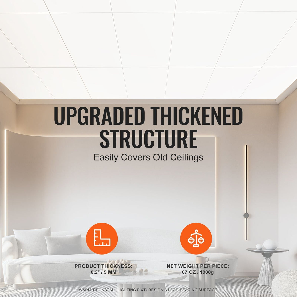 Ceiling Tiles, 10-Pack 24 x 48 in, Drop Ceiling Tiles Premium PVC Foam Sheet, Fire-Rated & Good Flexibility & Easy Installation, Ceiling Covering for Home/Office Decoration, Smooth White