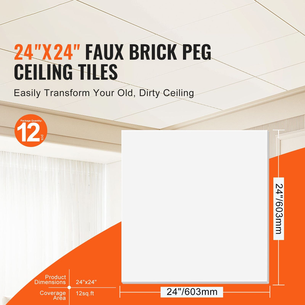 Ceiling Tiles, 12-Pack 24 x 24 in, Drop Ceiling Tiles Premium PVC Foam Sheet, Fire-Rated & Good Flexibility & Easy Installation, Ceiling Covering for Home/Office Decoration, Smooth White