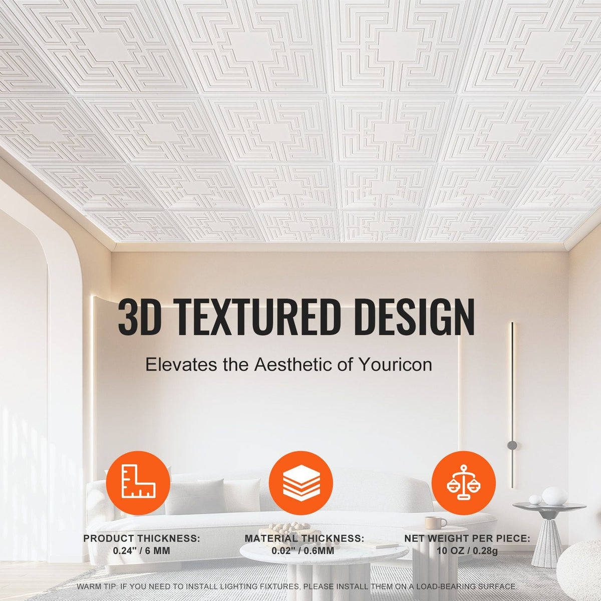 Ceiling Tiles, 12-Pack 24 x 24 in, Drop Ceiling Tiles Premium PVC Sheet, Easy Installation/ Cutting Plastic Glue-up Ceiling Tile, Ceiling Covering for Home/Office Decoration, White Echo Pattern