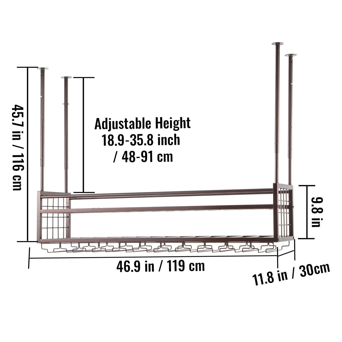 Ceiling Wine Glass Rack, 46.9 x 11.8 inch Hanging Wine Glass Rack, 18.9-35.8 inch Height Adjustable Hanging Wine Rack Cabinet, Coppery Wall-Mounted Wine Glass Rack Perfect for Bar Cafe Kitchen