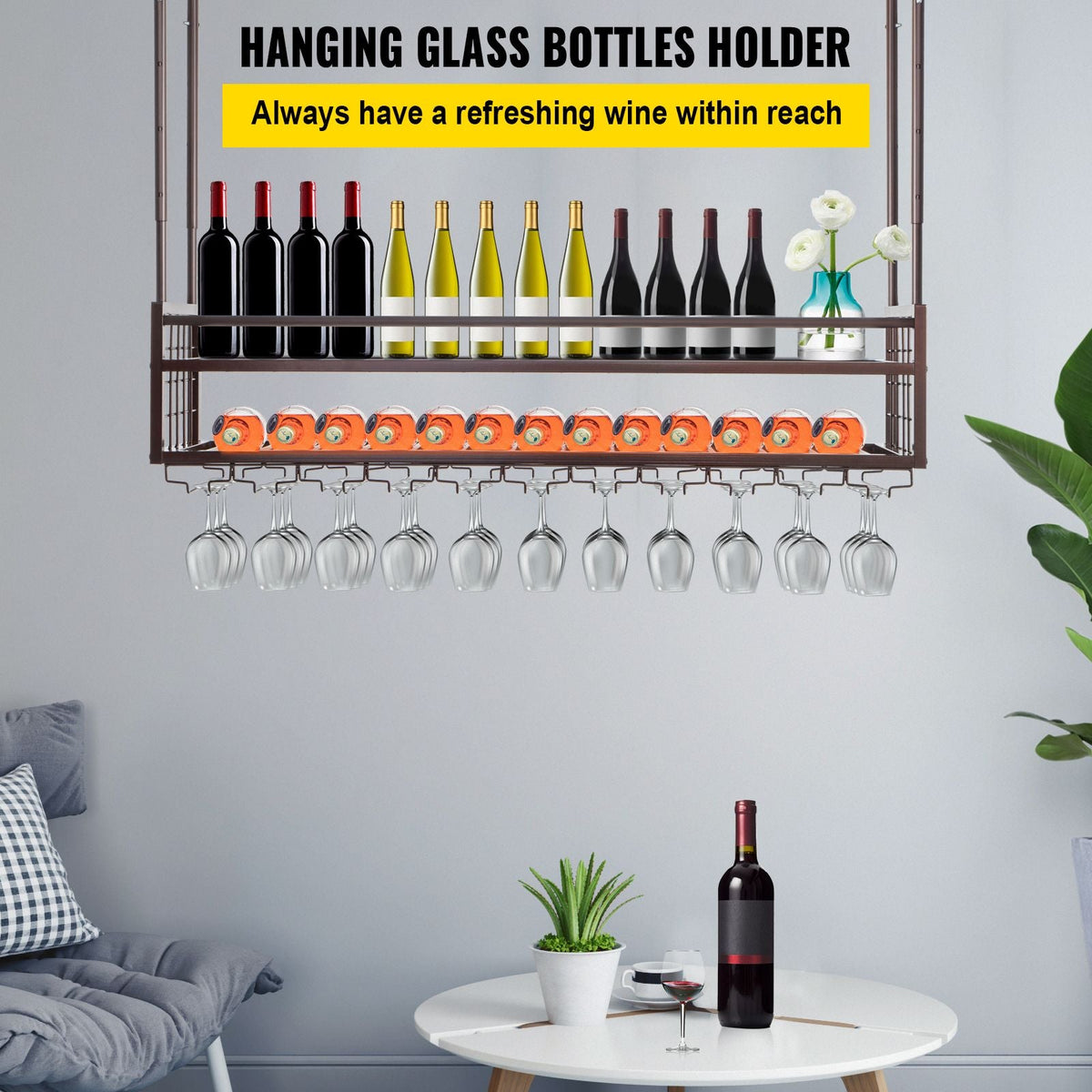 Ceiling Wine Glass Rack, 46.9 x 11.8 inch Hanging Wine Glass Rack, 18.9-35.8 inch Height Adjustable Hanging Wine Rack Cabinet, Coppery Wall-Mounted Wine Glass Rack Perfect for Bar Cafe Kitchen